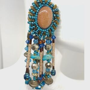 Vintage goldstone turquoise glass bead artisan made chandelier pierced earrings